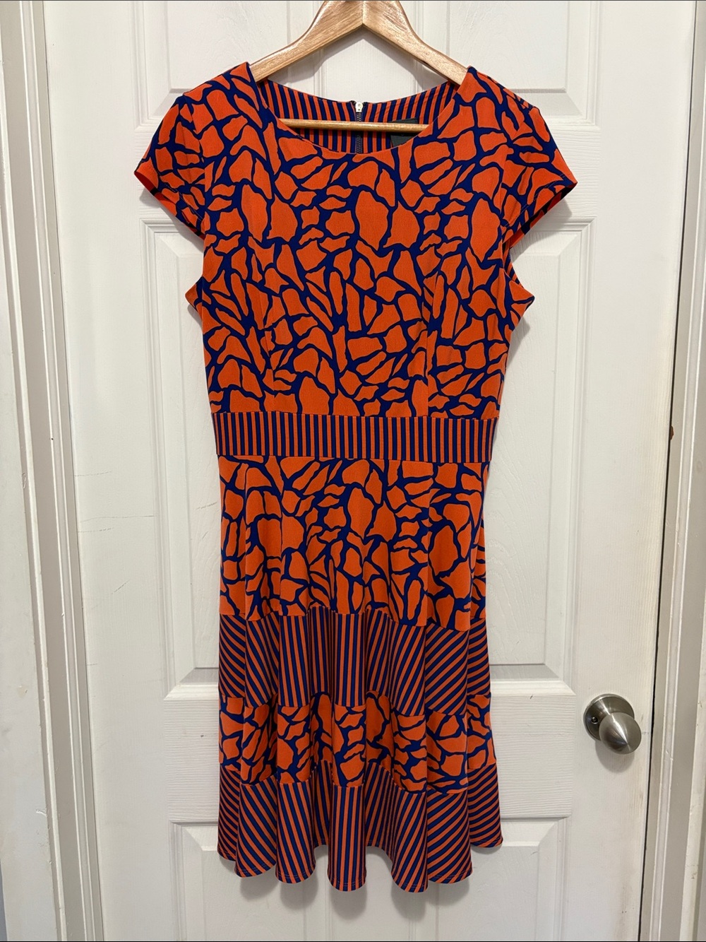 Gabby Skye Fit and Flare Dress in Orange and Blue Pattern